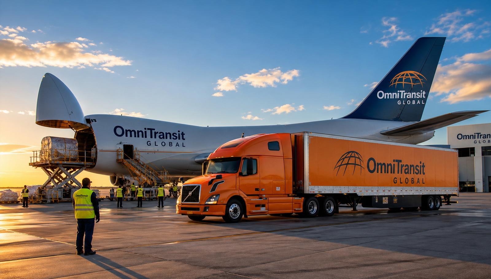 OmniTransit Global cargo aircraft and delivery truck at the logistics hub
